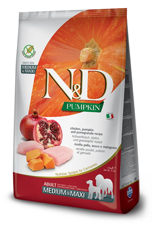 Фото Корм для собак Фарміна з куркою N&D Grain Free PUMPKIN CHICKEN & POMEGRANATE ADULT MEDIUM & MAXI купити за ціною ₴1298.00